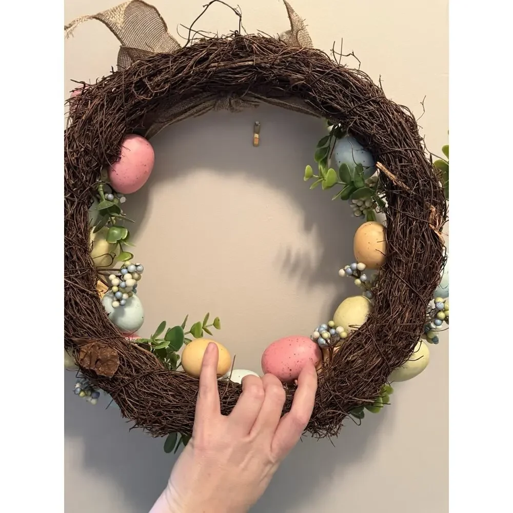 Easter Egg Grapevine Wreath Pastel Eggs Burlap Bow Spring Door Decor 15”